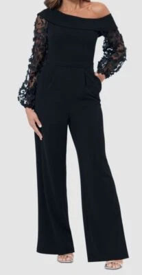 Xscape Women's Black 3D Floral-Sleeve Wide-Leg Jumpsuit Size 10 - Image 1 of 4