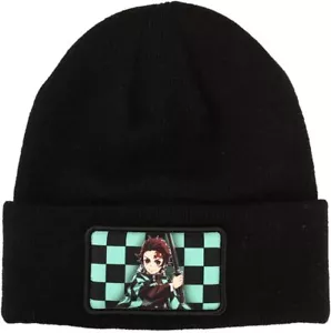 Demon Slayer Tanjiro Earring Embroidered Plain Black Cuffed Knitted Winter Hat - Picture 1 of 1