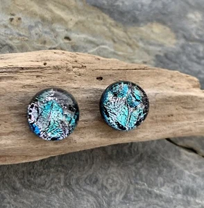 Dichroic Glass Studs Handmade Cornwall Winter Ice Blue - Picture 1 of 8