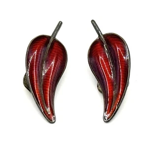 Vintage Volmer Bahner VB Denmark Sterling Silver & Red Enamel Leaf Clip Earrings - Picture 1 of 5