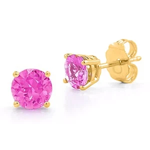 3.00 CT 7mm 14K YELLOW GOLD OCTOBER PINK SAPPHIRE ROUND CUT STUD EARRINGS PUSH - Picture 1 of 1