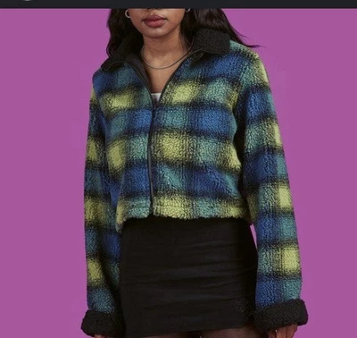 Chaqueta Sherpa UNIF Bibi Music Wilt Cuadros Azul Verde Cuadros Grunge Difuso Y2K Foto 1 de 4
