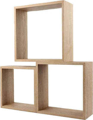 Set Di 3 Mensole a Cubo Quadrato Da Muro Decorativo Colore Rovere, Mensole Da Pa - Immagine 1 di 4