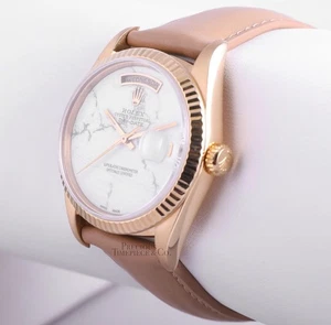 Rolex Day-Date President 36mm 18k Gold 18238 White Marble Dial Brown Leather - Picture 1 of 5