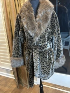 Größe L Kunstfellmantel Leopardenmuster Gürtel braun Pelzkragen & Bündchen - Bild 1 von 8
