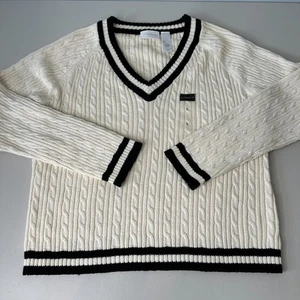 Liz Claiborne Pullover Sweater Womens Large Cream Black V Neck Preppy Cotton - Picture 1 of 6