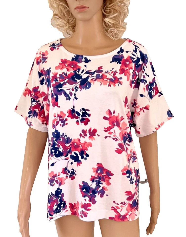 Chico's Size 3 Floral Ambiance East West Scoop-Neck Tee Top Lemonia Pink