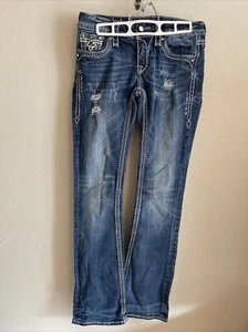 Rock Revival Kai Boot Stretch Denim Bling Flap Pocket Jeans Womens 27 Distressed - Picture 1 of 15
