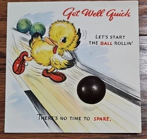Carta Get Well Soon anni 40 vintage Bowling Duck con busta originale ✉️ - Foto 1 di 4