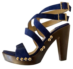 Jimmy Choo Suede Studded Unity Platform Sandals Heels sz 38 US 8 Blue Gold Wood - Picture 1 of 18