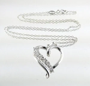 AU Sterling Silver Lab Created Diamond Heart Pendant Necklace 3.3g 18 Inches - Picture 1 of 14