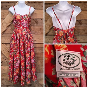 Vintage LAURA ASHLEY Red Floral Sundress w' Back Bow Vtg 8 - XS/S - Picture 1 of 10