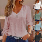 Damen Langarm-Spitzen-T-Shirt Mit V-Ausschnitt Lässige Bluse Lockerer Tunika E