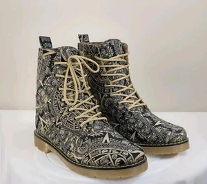 UNBRANDED WOMENS US 9 AZTEC CALENDAR PRINT MAYAN FABRIC FASHION COMBAT BOOTS  - Picture 1 of 23