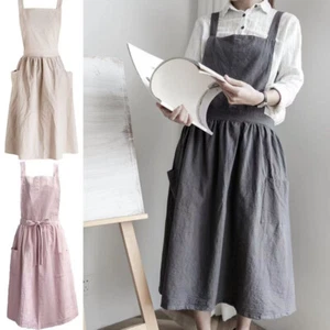 Apron Cotton Linen Crossover Pinafore Dress Home Cooking Kitchen Painting - Picture 1 of 11