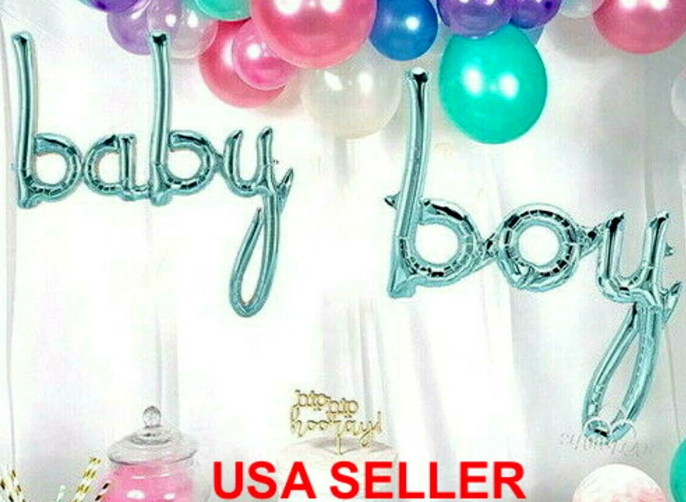 1 Pastel Blue "Baby Boy" Foil Balloon Hand Writing Style Baby Shower Decorations - Image 1 of 4