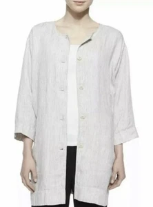 NWT Eileen Fisher Bone Roundneck Slub Stripe 100% Organic Linen Long Jacket PS - Picture 1 of 11