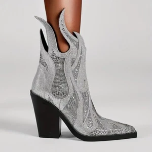 Women's High Heels Ankle Boots, Fashion Rhinestone Pointed Toe Chunky Heels,... - Picture 1 of 1