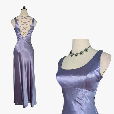 Vestido Maxi Vintage Zum Baile de graduación 4 Azul Púrpura Años 90 Y2K Babydoll Satén Glamour Slip Foto 1 de 4