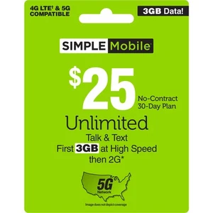 SIMPLE Mobile 25 $ 3 Go de données, appels et textos illimités [livraison physique] - Photo 1 sur 6