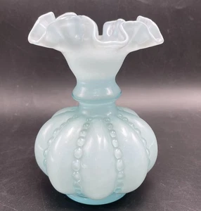 Vintage Fenton Light Blue Overlay Glass Melon Vase Ruffled Crimped Rim 5 3/4" - Picture 1 of 8