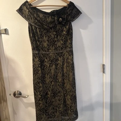 Vestido de Noche St John Para Mujer Talla 8 Negro Dorado Encaje Largo Midi Diseñador Clásico Foto 1 de 4