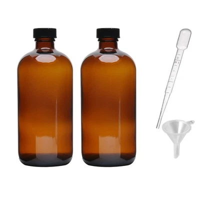 2pcs 16oz Amber Glass Boston Round Bottles with Air Tight Seal Phenolic Poly - Image 1 of 4