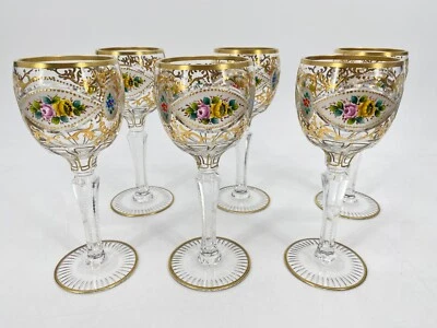 * WEINGLÄSER BÖHMEN BLUMEN GOLD KRISTALLGLÄSER EMAILLE GLAS HANDBEMALT - Bild 1 von 4