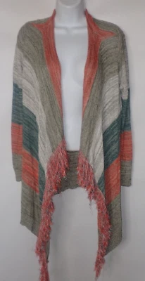 Energie Long Sleeve Stripe Fringe Cardigan Women PL Multi Color NEW Boho open - Image 1 of 4
