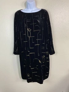 NEW Lafayette 148 Silk Blend Black Gold Velvet Long Sleeve Shift Dress sz Medium - Picture 1 of 17