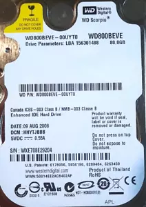 Western Digital IDE HDD 2.5" 80GB - WD800BEVE-00UYT0 - WD Scorpio - Picture 1 of 9