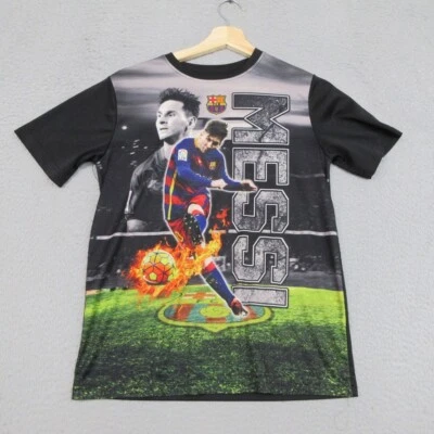 复古 Lionel Messi FC 巴塞罗那衬衫男孩 L 黑色图形足球 Y2K T 恤复古 — 第 1/4 张图片