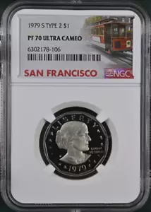 :1979-S $1 Susan B Anthony Dollar Type 2 NGC PF-70-UCAM Trolley Label Top Pop R3 - Picture 1 of 2