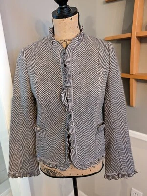 Chaqueta Blazer Rebecca Taylor Gris/Rosa Espiga Tweed Volantes Mezcla Lana Talla 8 Foto 1 de 4