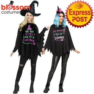 CA2754 Womens Sassy Bad or Coffee Witch Poncho Top Halloween Dress Party Costume - Picture 1 of 4
