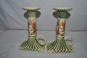 Roseville Donatello Cherubs Candles Sticks With Loop Handle Nice Dark Colors - Picture 1 of 10