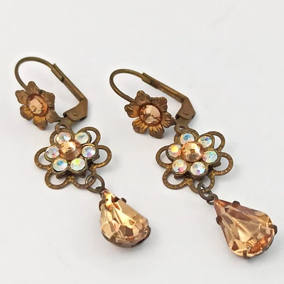Michal Negrin Earrings Beige Dainty Flowers Filigree Aurora Borealis Crystals - Image 1 of 4