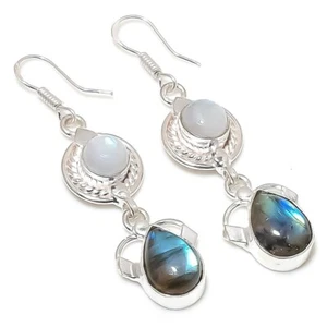Labradorite & Moonstone Gemstone 925 Sterling Silver Jewelry Earring Sz 2.2" - Picture 1 of 1