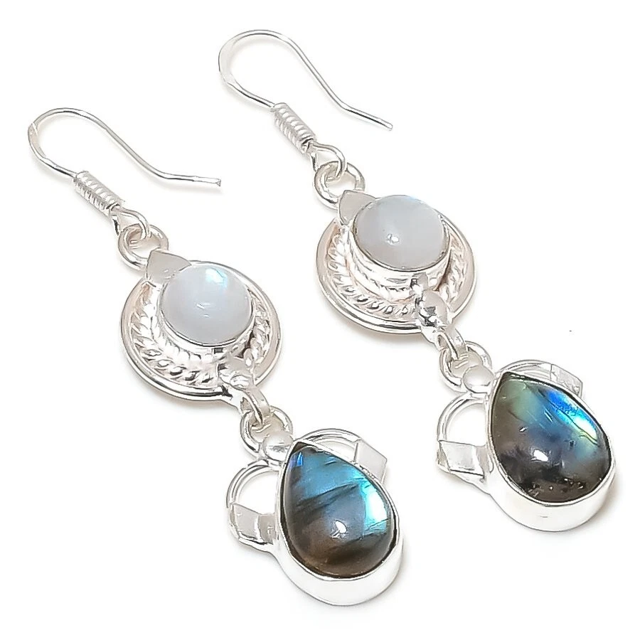 Labradorite & Moonstone Gemstone 925 Sterling Silver Jewelry  Earring Sz 2.2" - Image 1 of 1