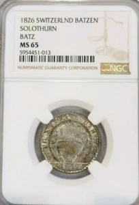 1826 SWITZERLAND SILVER 1 BATZEN SOLOTHURN BATZ NGC MS 65 BEAUTIFUL GEM BU COIN - Picture 1 of 8