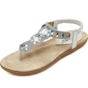 Bohemian gold silver rhinestones flat flip flops beach shoes women's sandals - Picture 1 of 6