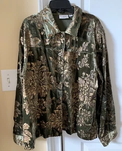 Erin London Women 1X Green Velvet Burnout Jacket Metallic Gold Floral Boho Artsy - Picture 1 of 11