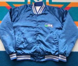 Vintage Seattle Seahawks Chalk Line Satin Bomber Jacket USA Thrashed Medium - Picture 1 of 6