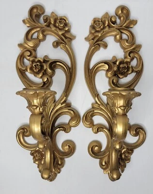 "Juego de candelabro aplique de pared ornamentado dorado vintage HOMCO #4118 hecho en EE. UU. 15""" Foto 1 de 4