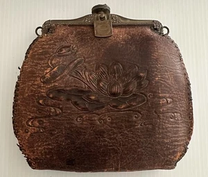 Vintage Circa 1915 AMITY Brown Leather Nouveau Deco Hand Purse ~ Shows Wear - Picture 1 of 10