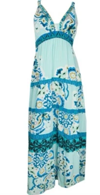 Hale Bob Moscow Nights Silk Crepe Sleeveless V-Neck Maxi Dress Blue Beaded Sz XS - Image 1 of 4