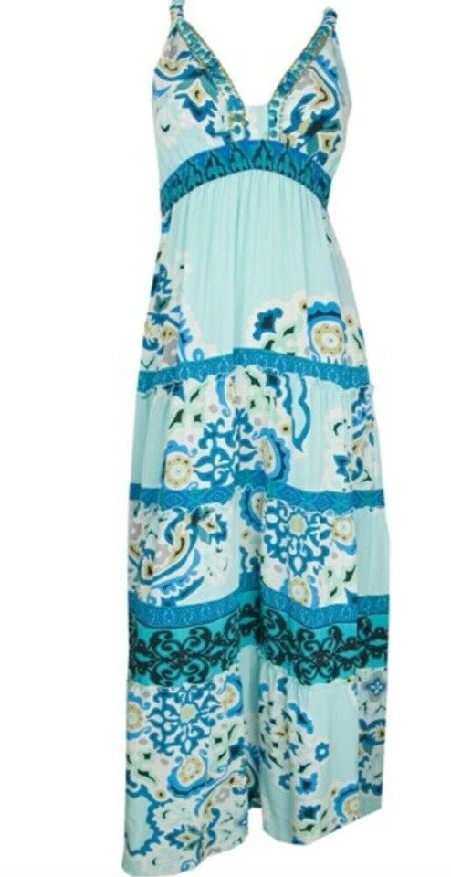 Hale Bob Moscow Nights Silk Crepe Sleeveless V-Neck Maxi Dress Blue Beaded Sz XS - Image 1 of 4