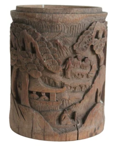 Pot à Pinceau en Bambou Sculpté scene Temple XIXe Antique Chinese Hand Carved - Picture 1 of 10