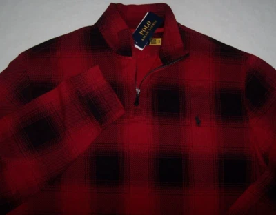 NWT Polo Ralph Lauren Estate Rib Black/Red BUFFALO CHECK Half-Zip Shirt XL PONY - Image 1 of 4