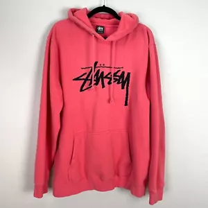 Vintage Stüssy Mens XXL Pink Embroidered Spellout Hoodie Pullover Fleece Lined - Picture 1 of 13